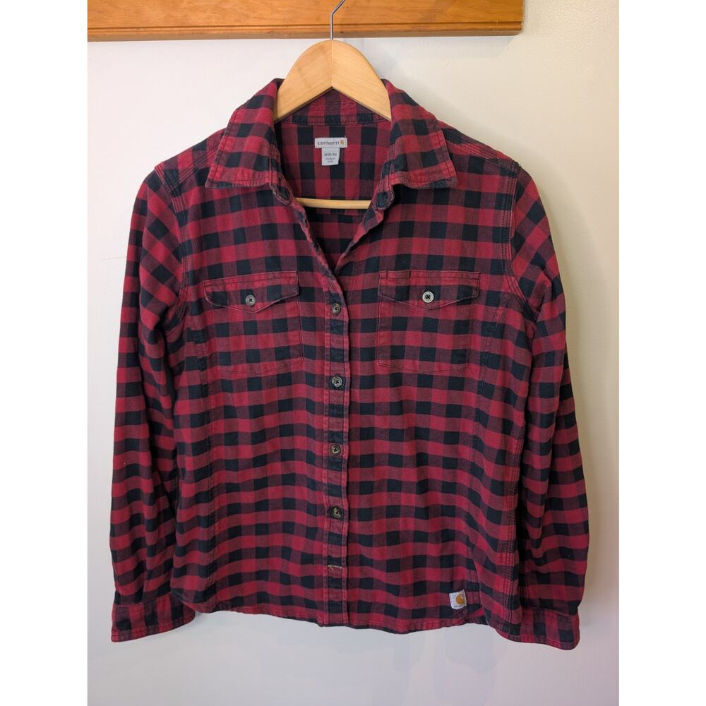 Carhartt Red Burgundy Black Buffalo Plaid Flannel Button Down Shirt M Womens